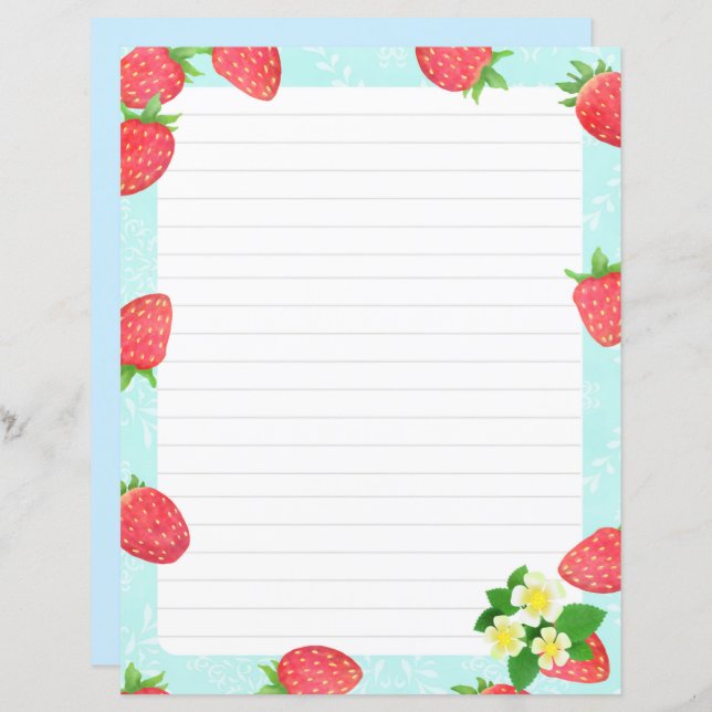 Strawberry Lined Blue Stationery Paper (Front/Back)