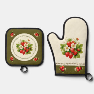 Strawberry Loden Green Bavarian Look Oven Mitt & Pot Holder Set