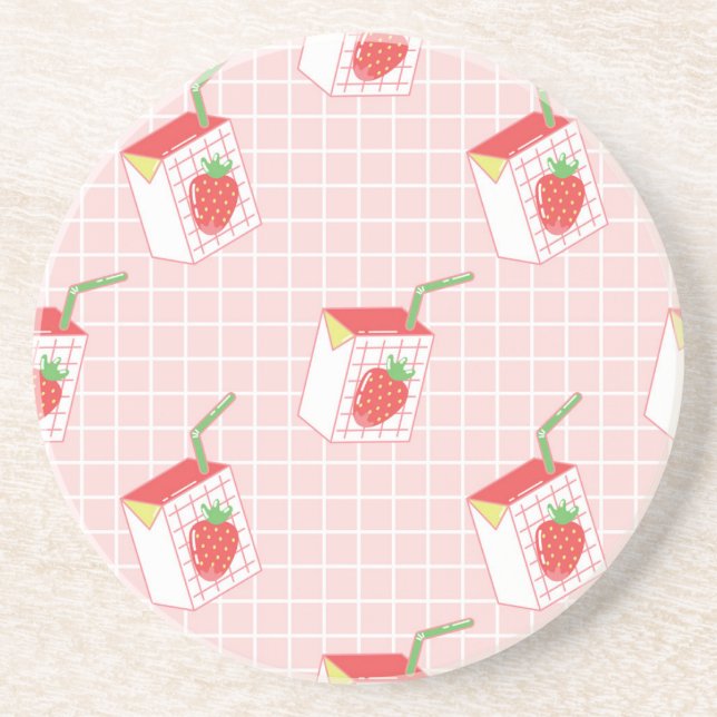 Strawberry Milk Cartoons: Playful Patterns Coaster (Front)