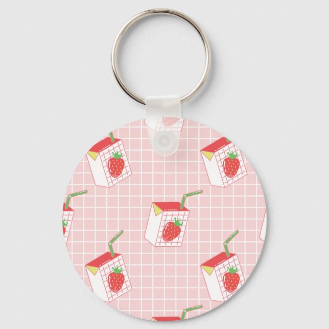 Strawberry Milk Cartoons: Playful Patterns Keychain (Front)