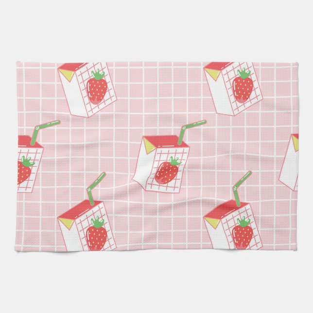 Strawberry Milk Cartoons: Playful Patterns Kitchen Towel (Horizontal)