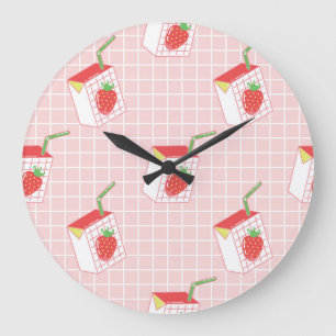 Strawberry Milk Cartoons: Playful Patterns Large Clock