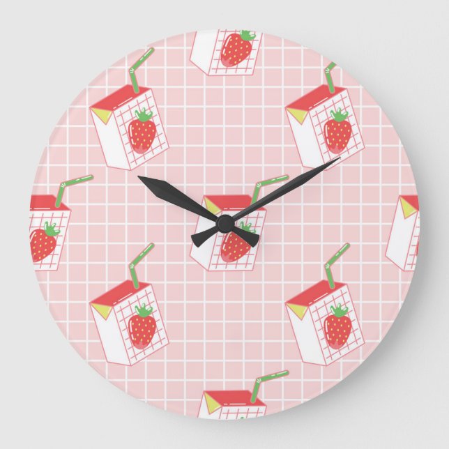 Strawberry Milk Cartoons: Playful Patterns Large Clock (Front)