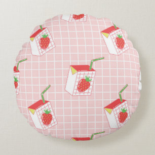 Strawberry Milk Cartoons: Playful Patterns Round Pillow