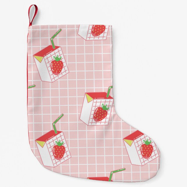 Strawberry Milk Cartoons: Playful Patterns Small Christmas Stocking (Front)