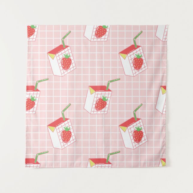 Strawberry Milk Cartoons: Playful Patterns Tapestry (Front)