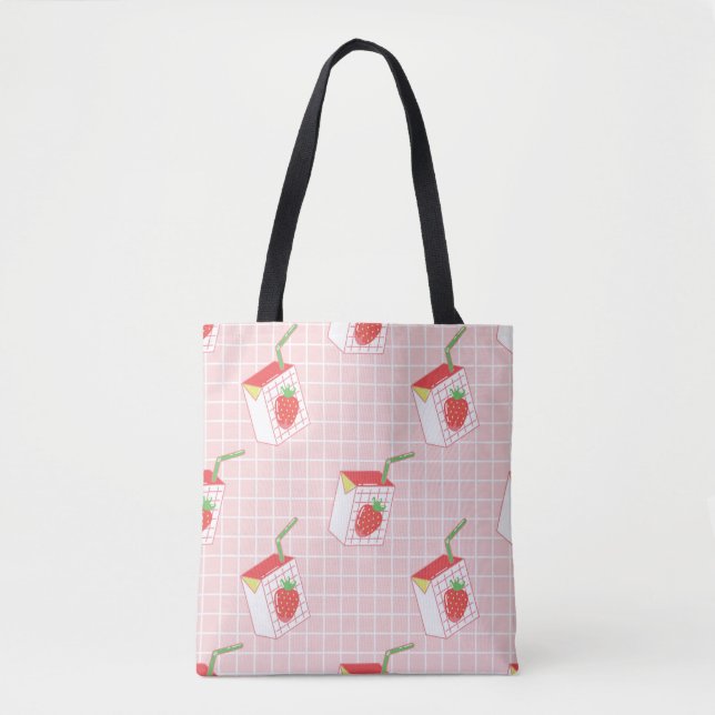 Strawberry Milk Cartoons: Playful Patterns Tote Bag (Front)