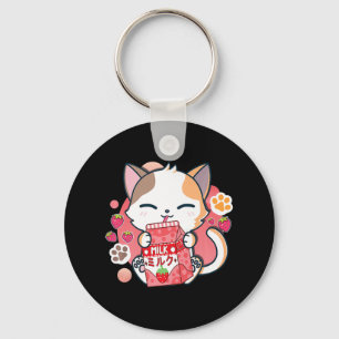 Strawberry Milk Cat Kawaii Anime Neko Gift Girls T Keychain