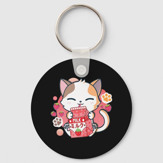Strawberry Milk Cat Kawaii Anime Neko Gift Girls T Keychain (Front)