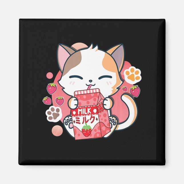Strawberry Milk Cat Kawaii Anime Neko Gift Girls T Magnet (Front)