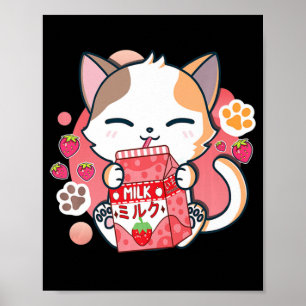 Strawberry Milk Cat Kawaii Anime Neko Gift Girls T Poster