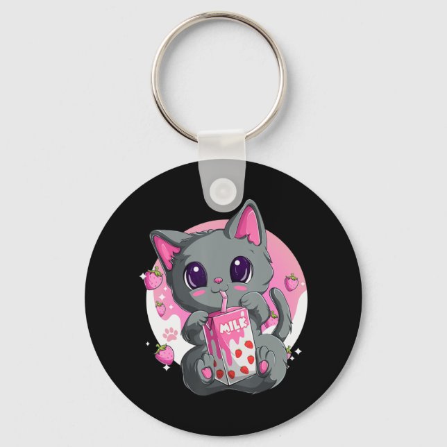Strawberry Milk  For Women Girls Kawaii Anime Cat  Keychain (Front)
