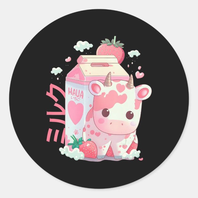 Strawberry Milk Milkshake Cow Carton Cute Kawaii J Classic Round Sticker (Front)