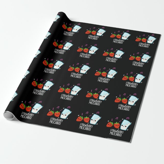 Strawberry Milk Shake Funny Food Pun Dark BG Wrapping Paper (Unrolled)