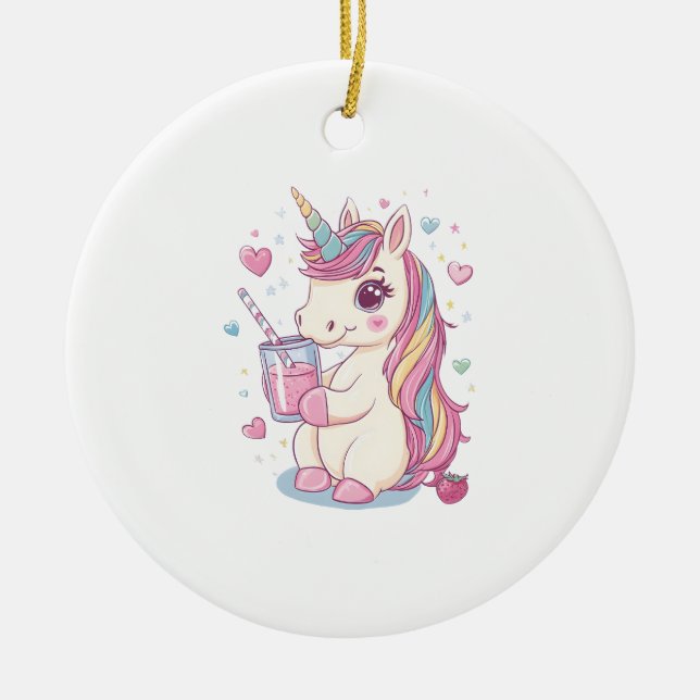 Strawberry Milk Unicorn (2) Ceramic Ornament (Front)