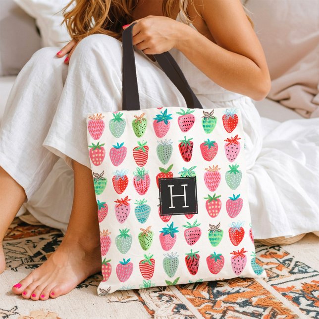 Strawberry Monogram Pattern | Tote bag (Cute Strawberry Pattern Monogram Summer Market Tote Bag)