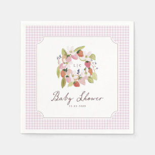 Strawberry Monogram Pink Gingham Baby Shower Napkin