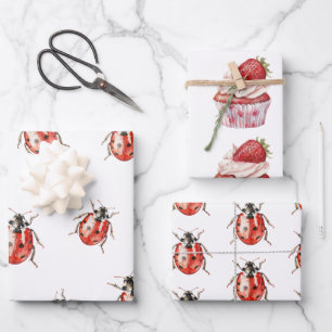Strawberry Muffin Cake Ladybugs Birthday Wrapping Paper Sheet