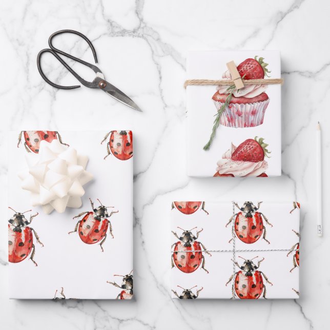 Strawberry Muffin Cake Ladybugs Birthday Wrapping Paper Sheet (Front)