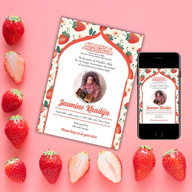 Strawberry Muslim Baby Girl Birth Announcement (Creator Uploaded)