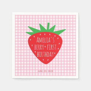 Strawberry on Pink Plaid Girl Berry First Birthday Napkin