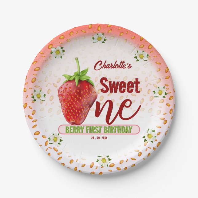 Strawberry ONE First Birthday Paper Plates (Front)