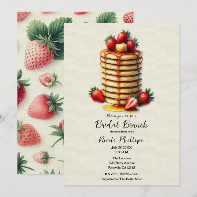 Strawberry Pancakes Stack Bridal Brunch Shower Invitation (Front/Back)