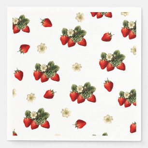 Strawberry paper napkins with blossoms on white