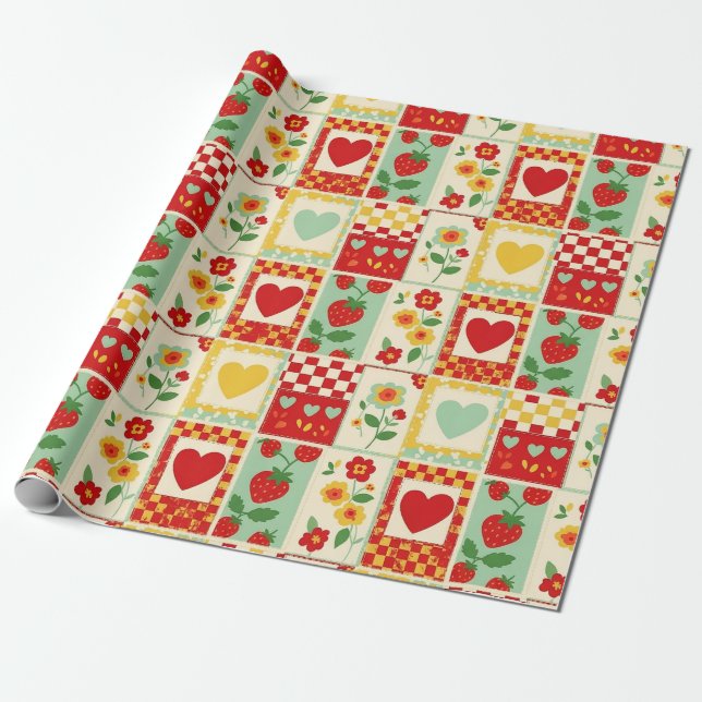 Strawberry Patchwork Picnic (1) Wrapping Paper (Unrolled)