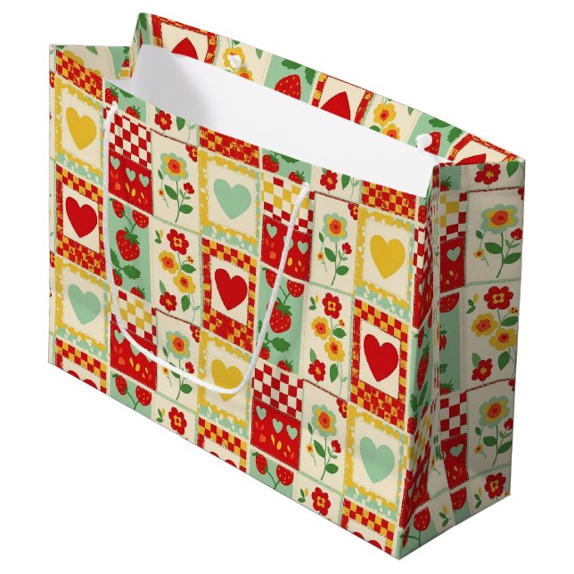 Strawberry Patchwork Picnic Large Gift Bag (Front Angled)