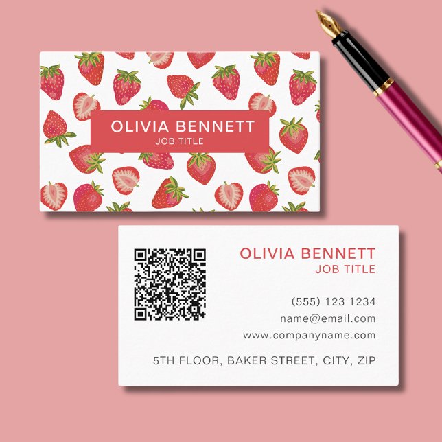 Strawberry Pattern Colourful QR Code Business Card (Personalized strawberry business card with QR code)
