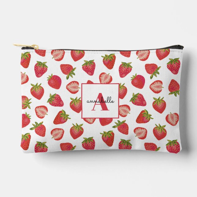 Strawberry pattern monogram first name accessory pouch (Front)