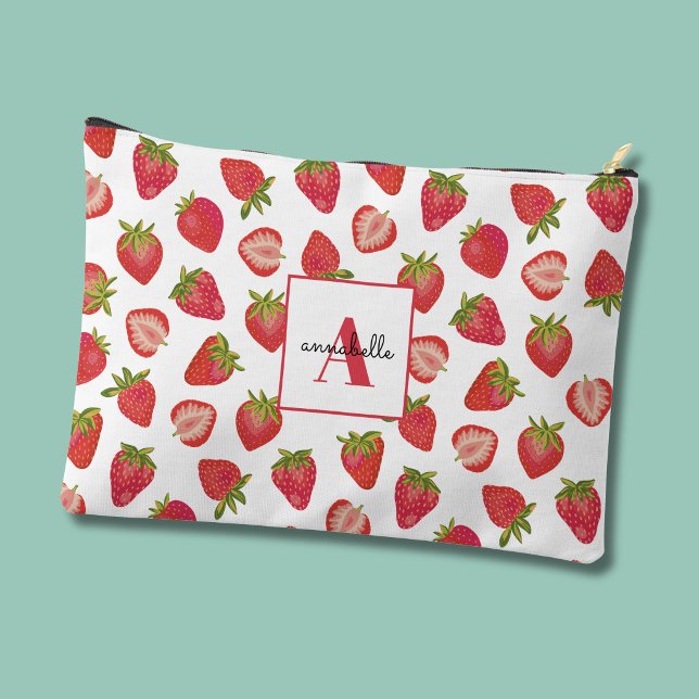Strawberry pattern monogram first name accessory pouch (Strawberry pattern monogram cosmetic pouch)