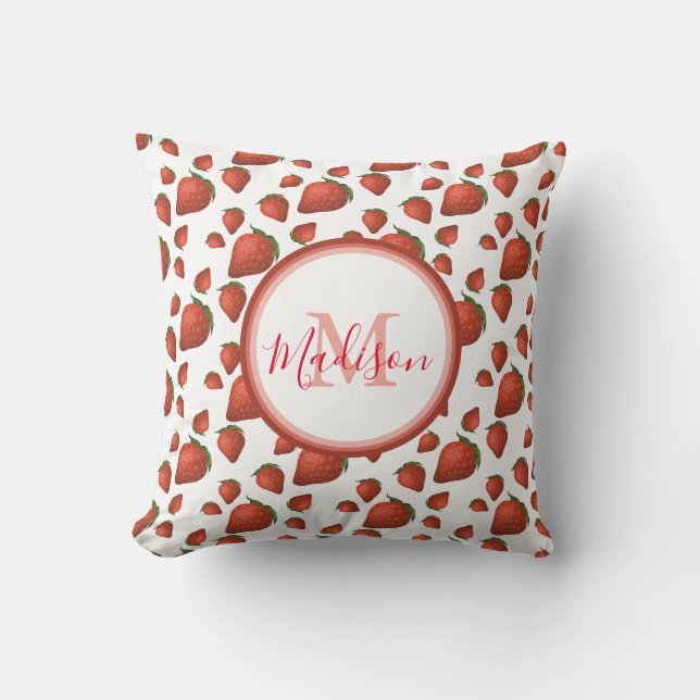 Strawberry Pattern Monogram Initial Name Custom Th Throw Pillow (Front)