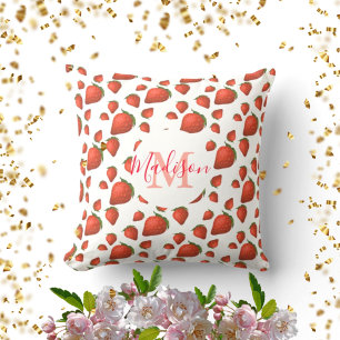 Strawberry Pattern Monogram Initial Name Throw Pillow