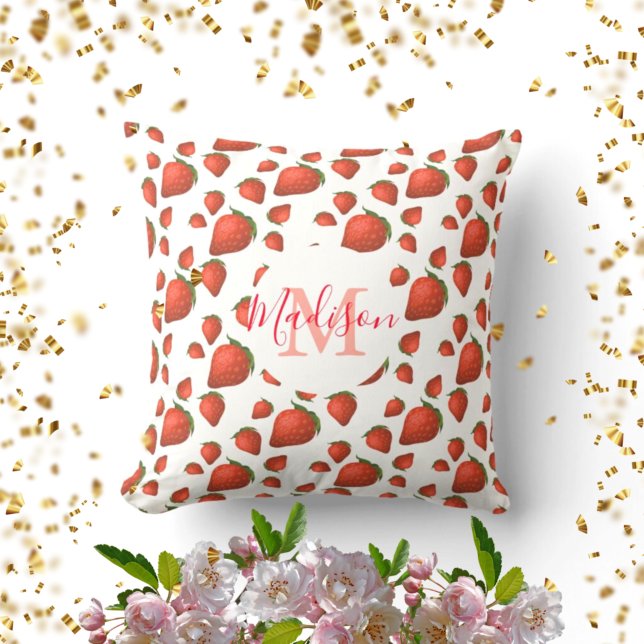 Strawberry Pattern Monogram Initial Name Throw Pillow (Creator Uploaded)