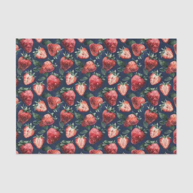 Strawberry Pattern Navy Blue Background Decoupage Tissue Paper (Front)