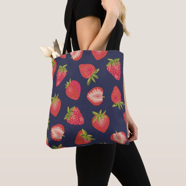 Strawberry Pattern on Blue Tote Bag (Close Up)
