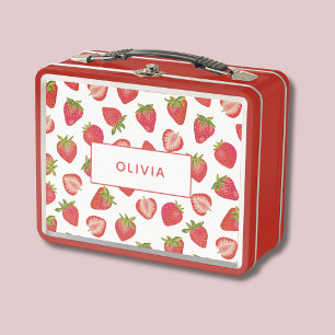 Strawberry Pattern Personalized Custom Name Metal Lunch Box