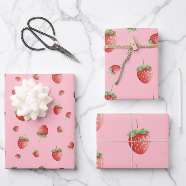 Strawberry Pattern Pink Wrapping Paper Sheet (Front)