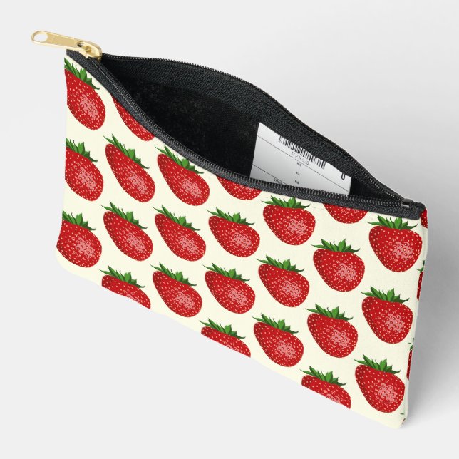 Strawberry Pattern, Red Strawberries, Fruit, Leaf Accessory Pouch (Open)