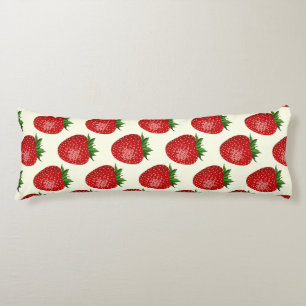 Strawberry Pattern, Red Strawberries, Fruit, Leaf Body Pillow