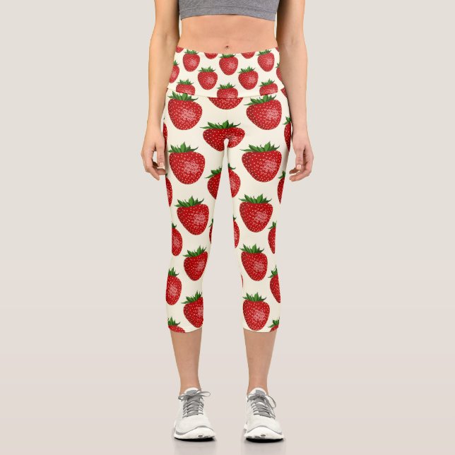 Strawberry Pattern, Red Strawberries, Fruit, Leaf Capri Leggings (Front)
