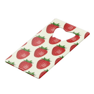Strawberry Pattern, Red Strawberries, Fruit, Leaf Credit Card Bottle Opener