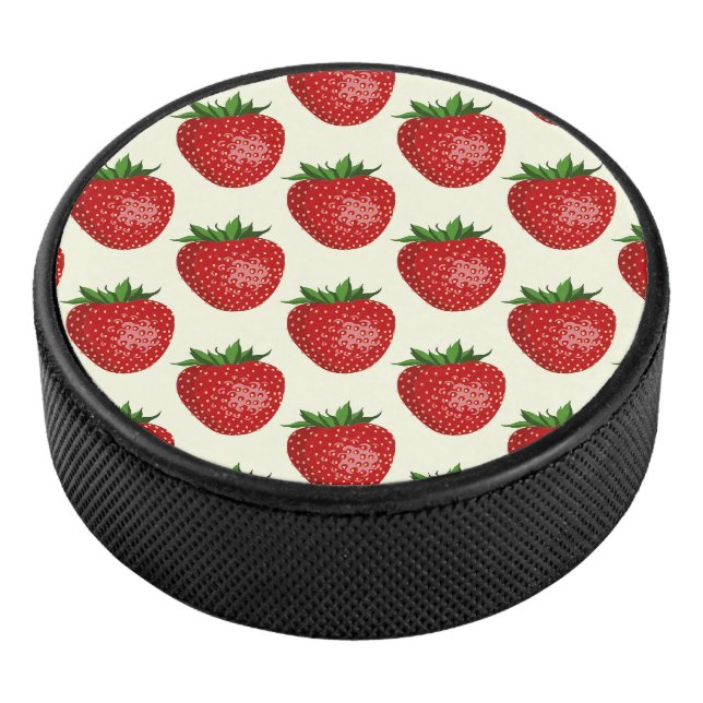 Strawberry Pattern, Red Strawberries, Fruit, Leaf Hockey Puck (3/4)