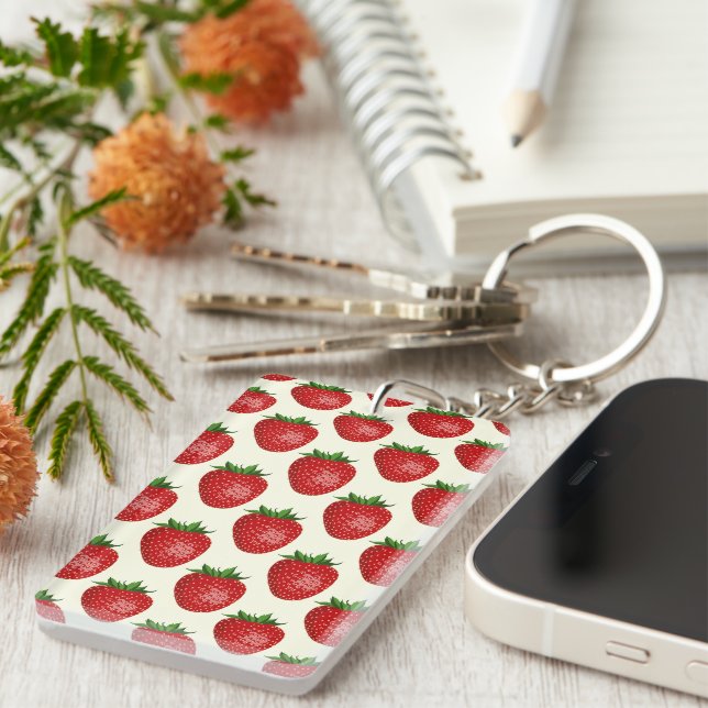 Strawberry Pattern, Red Strawberries, Fruit, Leaf Keychain (Front Right)