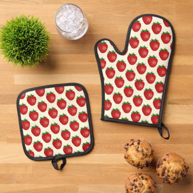 Strawberry Pattern, Red Strawberries, Fruit, Leaf Oven Mitt & Pot Holder Set (Top Down)