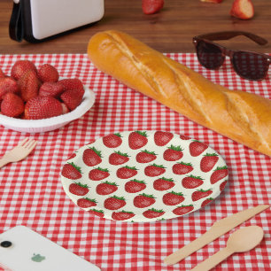 Strawberry Pattern, Red Strawberries, Fruit, Leaf Paper Plate