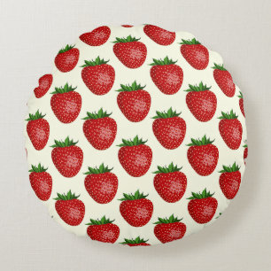 Strawberry Pattern, Red Strawberries, Fruit, Leaf Round Pillow