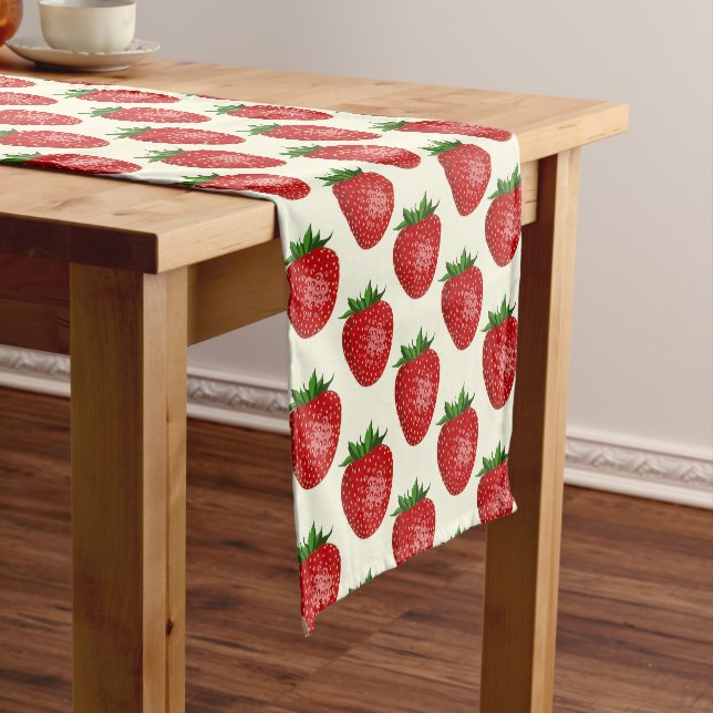 Strawberry Pattern, Red Strawberries, Fruit, Leaf Short Table Runner (In Situ)